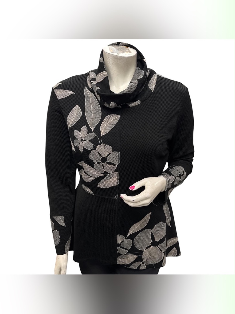 Frank Lyman Design Black Cowl Neck Sweater with Cream Floral Jacquard Size XL